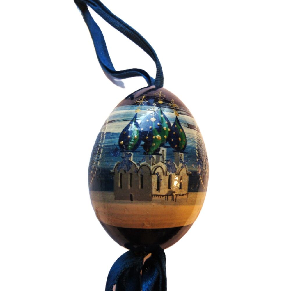 Vintage Lacquer Egg Hand painted Church Village Folk Art wooden Signed